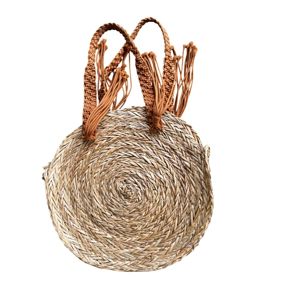 Woven Round Straw Tote Bag‎ Macrame Tassel Handles Boho Circle Beach Bag Tan